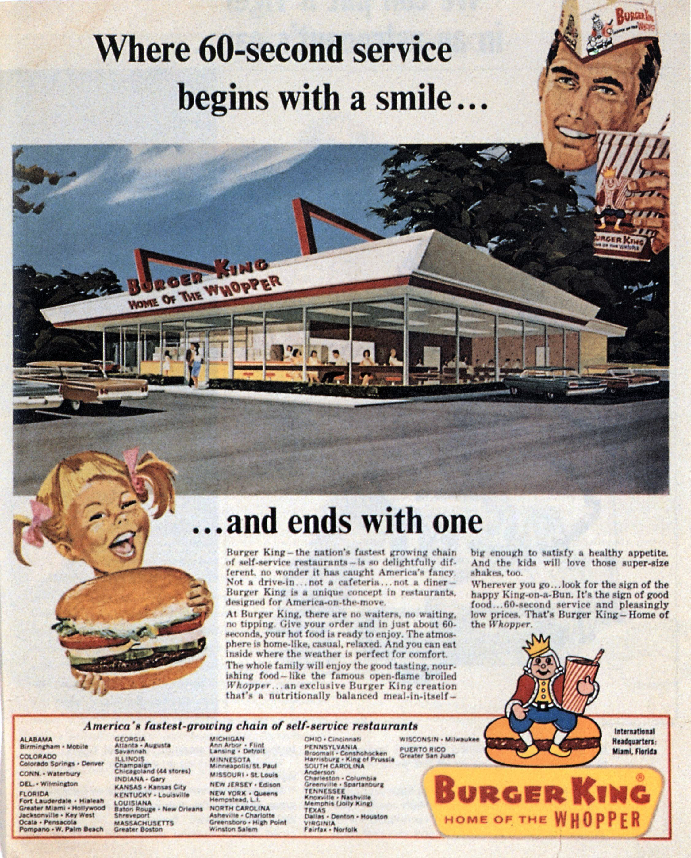 THE BURGER'S BEGINNINGS
Burger King was born in Miami, Florida when James McLamore and David Edgerton opened the company's first restaurant in 1954. Today, Burger King says it has roughly 12,000 locations worldwide.