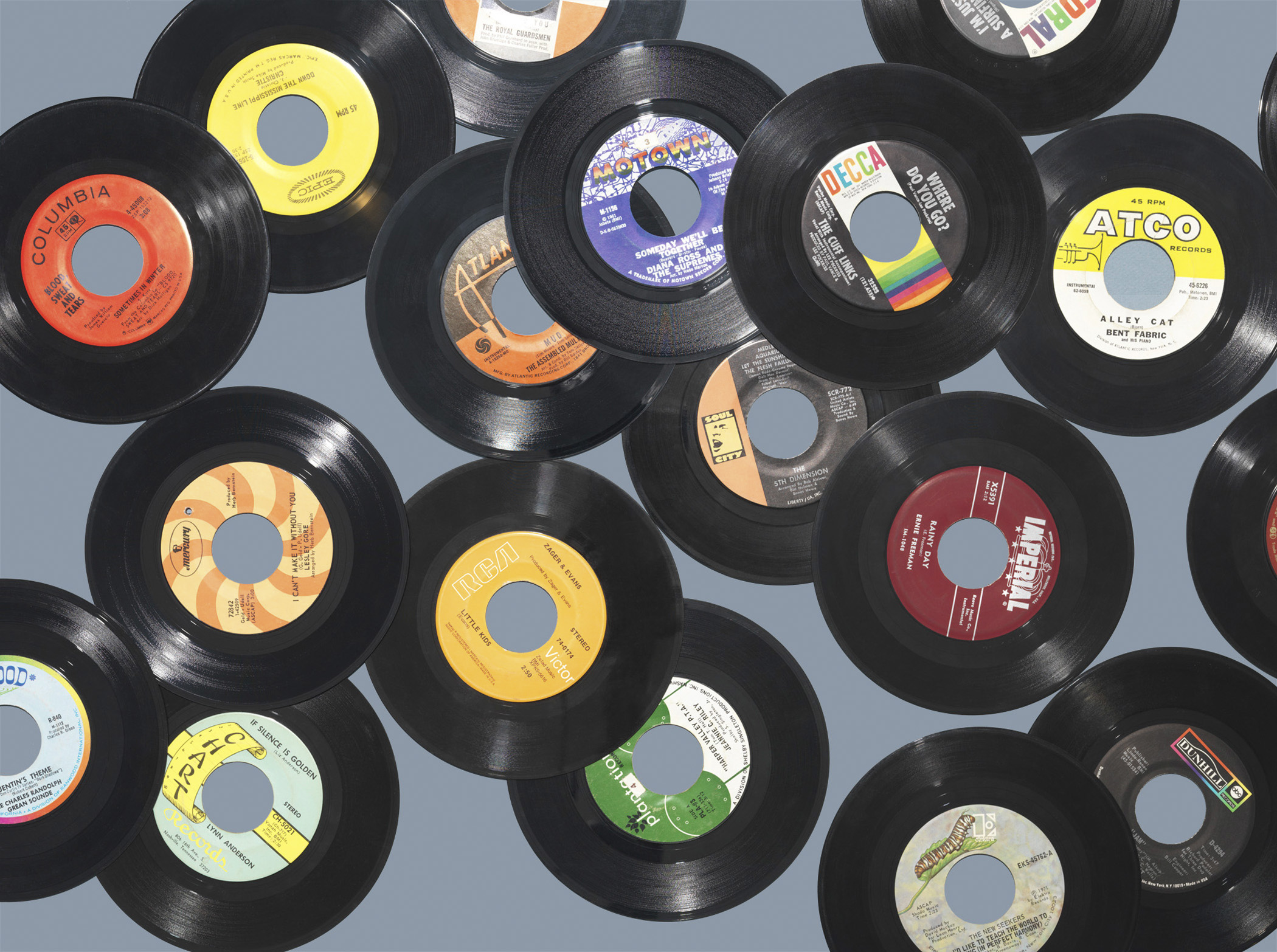 45RPM Vinyl Records, including Blood, Sweat & Tears' "Sometimes in Winter." 1968 List Price of the average LP: $5-6, per <a href="http://books.google.com/books?id=ndsDAAAAMBAJ&pg=PA5&dq=1968+lp+price&hl=en&sa=X&ei=i0wcVL68DObjsAS-2IDwAg&ved=0CEwQ6AEwBg#v=onepage&q=1968%20lp%20price&f=false" title="Ebony" target="_blank">Ebony</a>. <strong>Today's equivalent:</strong> MP3. List Price of Blood, Sweat & Tears' "Sometimes in Winter" MP3: $0.99, available on <a href="https://itunes.apple.com/us/genre/music/id34" title="iTunes Music Store" target="_blank">iTunes Music Store</a>.
