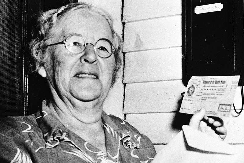 In this Oct. 4, 1950 photo, Ida May Fuller, 76, displays a Social Security check for $41.30 that she received at her home in Ludlow Vt. On Jan. 31, 1940, Fuller received the country's first Social Security check for $22.54. By the time she died in 1975 at age 100, she had received nearly $23,000 in benefits.