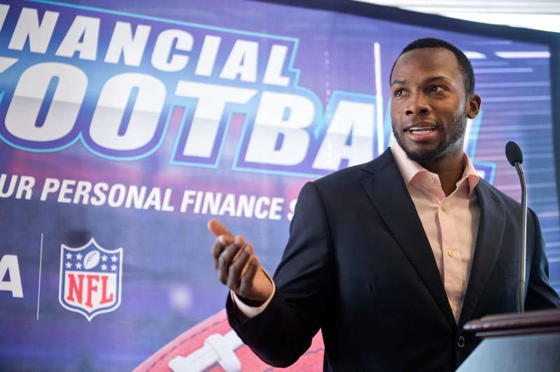 Detroit Lions wide receiver Ryan Broyles speaks during an event at 101 Constitution Avenue with the National Bankers Association, Visa, and NFL players, to educate teens about financial responsibility, March 18, 2015. At the event, teens and NFL athletes Heisman Trophy winner and New Orleans Saints running back Mark Ingram and Broyles, played Financial Football, a free educational video game that incorporates football and questions about money management.