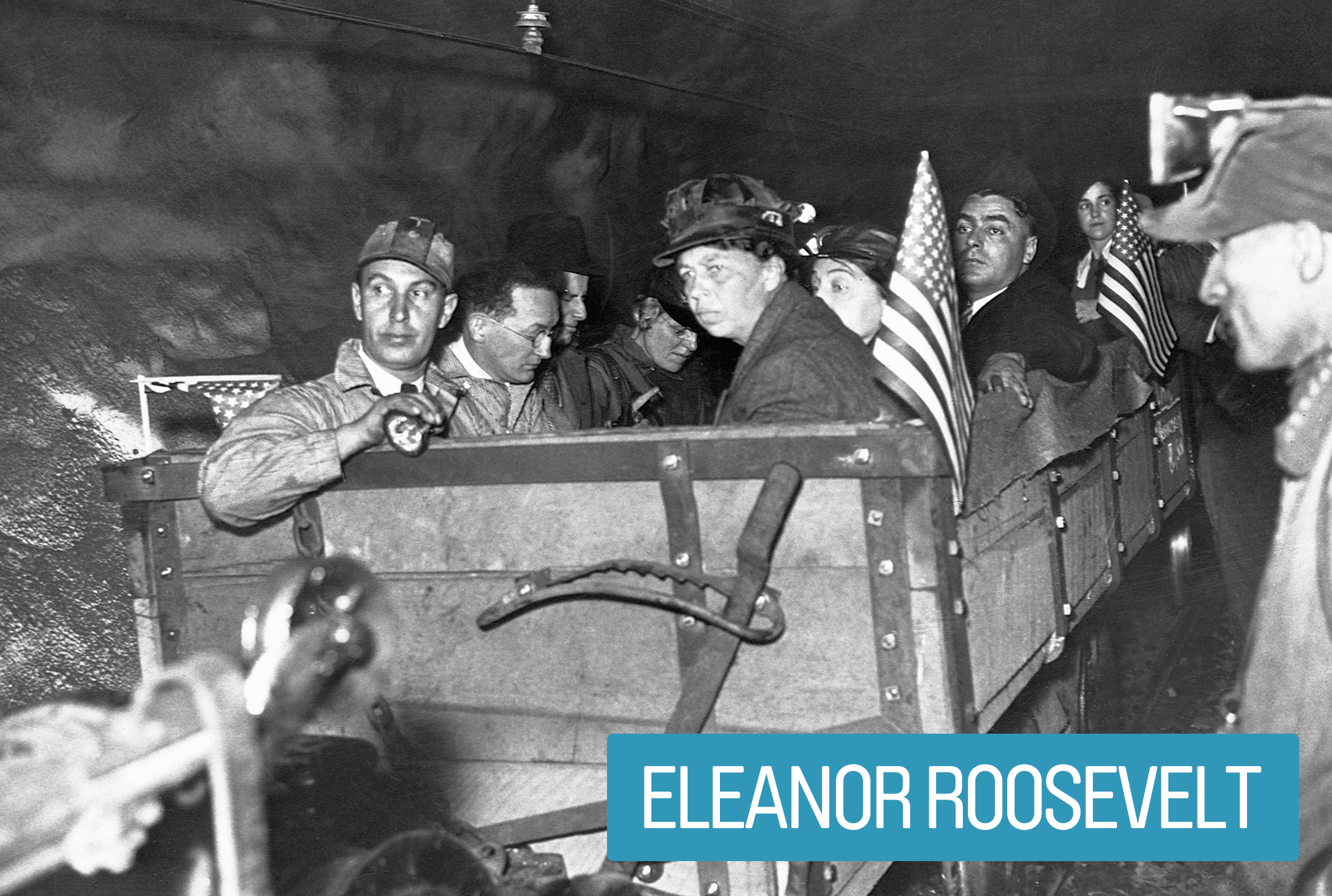 Eleanor Roosevelt inspected social and economic reform programs associated with The New Deal, ensuring their effectiveness and equal treatment for women, youths, African-Americans and coal miners.
During World War II, she rallied wives of the enlisted to work on the home front, popularizing "Rosie-the-Riveters."