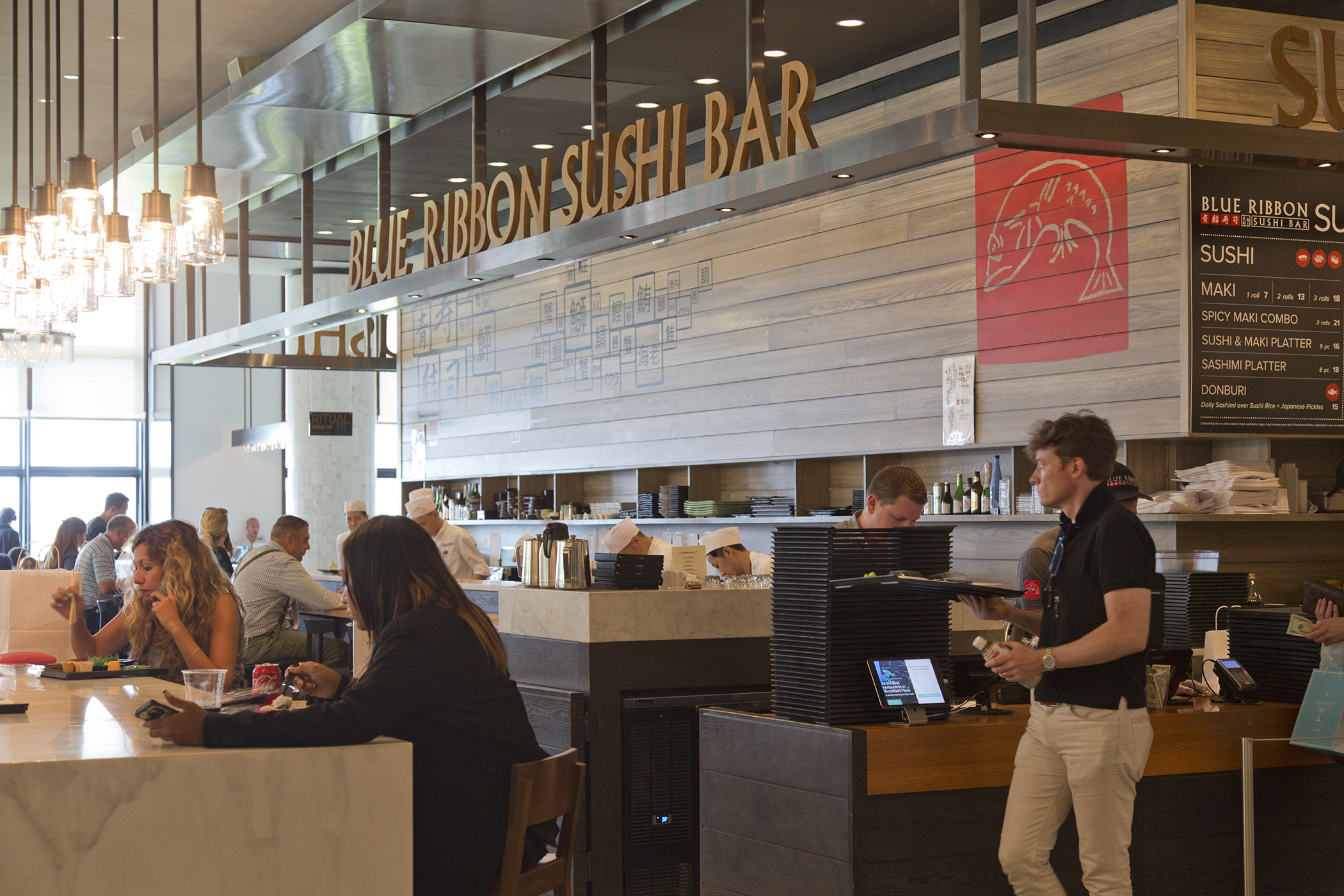 Blue Ribbon Sushi Bar inside of Hudson Eats food court, Brookfield Place, New York.