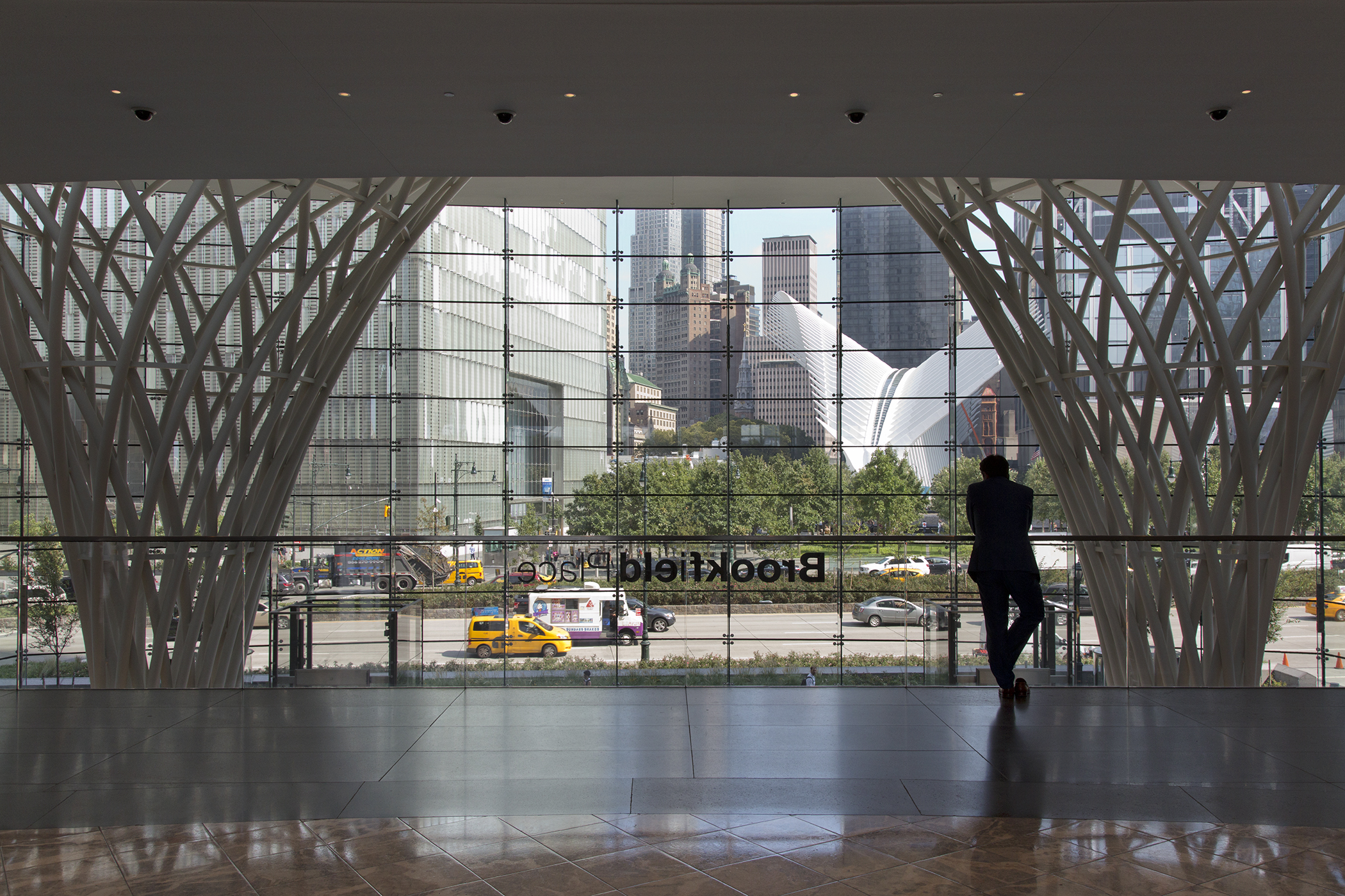 The view of 1 WTC and Santiago Calatrava's transportation hub from Brookfield Place, New York.