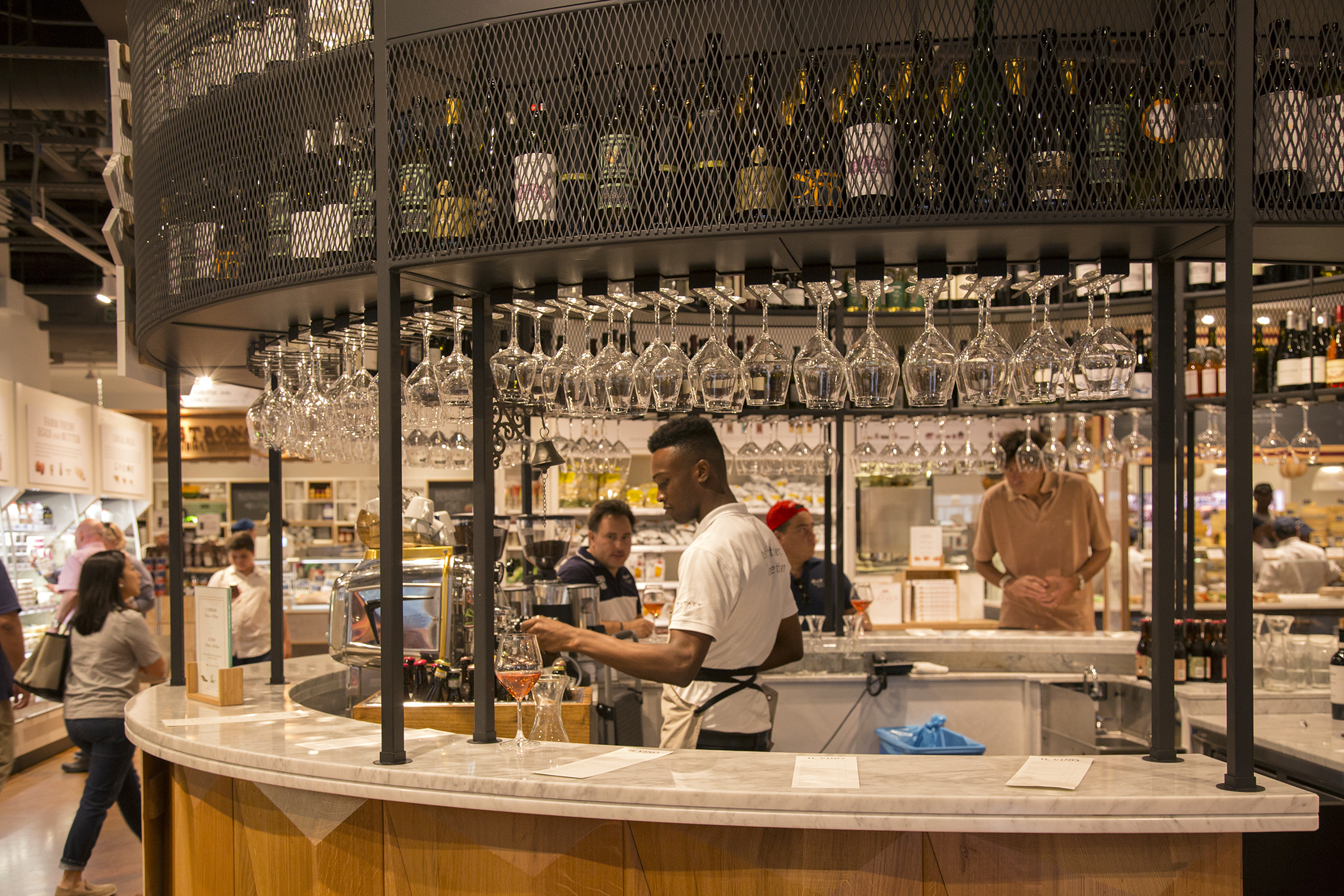 The wine bar inside of Eataly, Westfield World Trade shopping mall, New York.