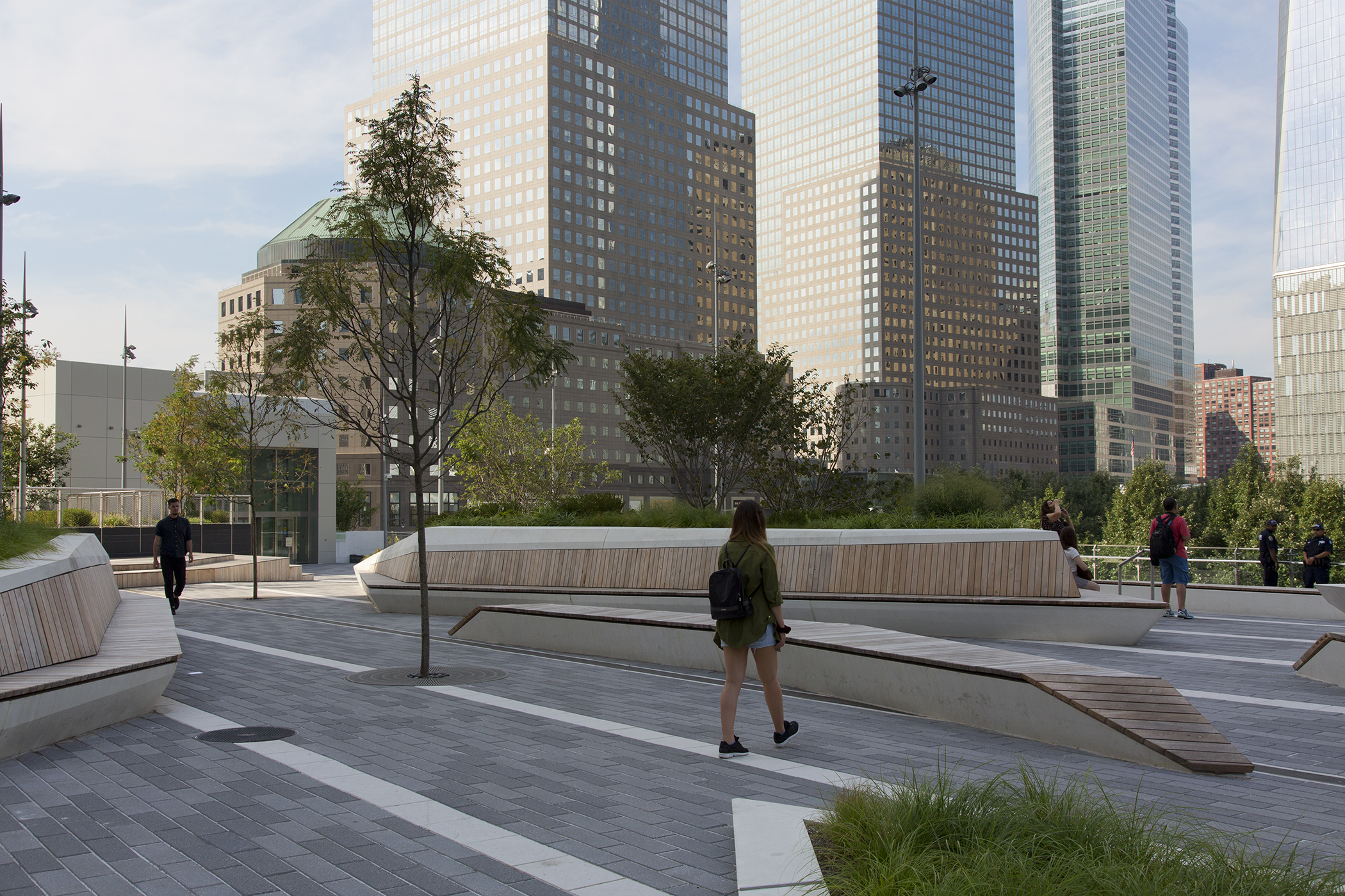 Liberty Park, an elevated park connected to Brookfield Place, overlooks the September 11 Memorial and Museum, New York.