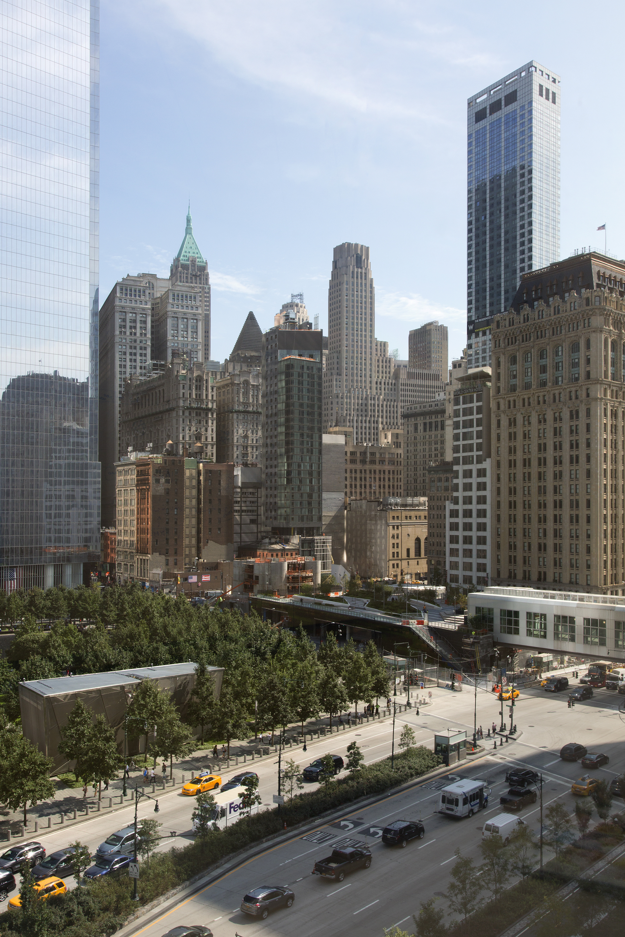 A view of West Street, Liberty Park and the September 11 Memorial and Museum from Time Inc.'s 225 Liberty offices, New York.