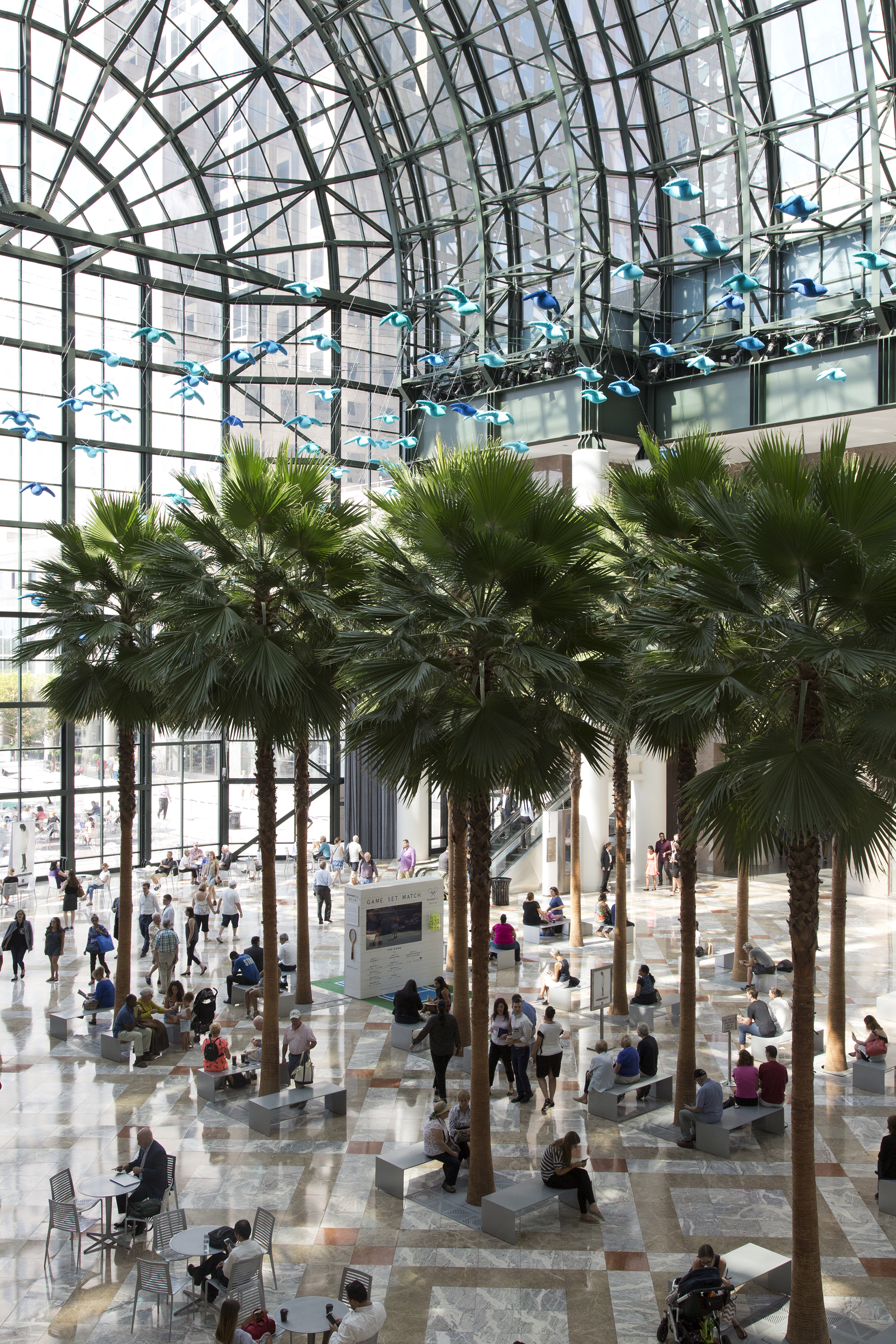 Though severely damaged in the September 11 attacks, César Pelli's Winter Garden, a ten-story glass pavillion overlooking the Hudson River, was completely restored in 2002.