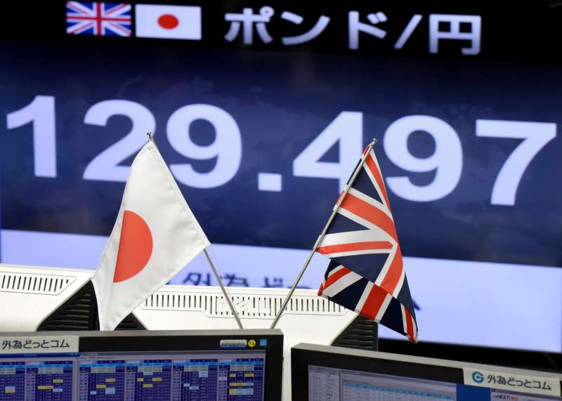 Japanese and British flags are placed in front of a monitor showing the Japanese yen rate against the British pound at a brokerage in Tokyo on October 7, 2016.
The pound suffered a flash crash in Asia on a computer-generated sell-off in the beleaguered currency, as tough talk from French President Francois Hollande underscored the perils ahead for Brexit-bound Britain.
