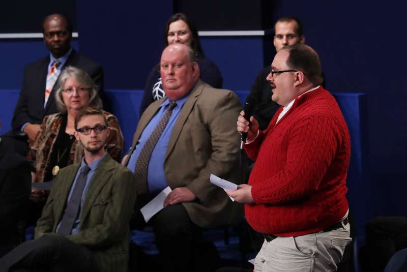 ST LOUIS, MO - OCTOBER 09: Ken Bone asks a question during the town hall debate at Washington University on October 9, 2016 in St Louis, Missouri. This is the second of three presidential debates scheduled prior to the November 8th election. (Photo by Chip Somodevilla/Getty Images)