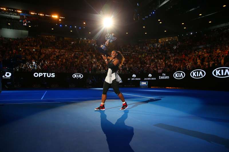 Serena Williams waves to the crowd as she leaves the court with the Daphne Akhurst Trophy after winning the Women's Singles Final against Venus Williams of the United States on day 13 of the 2017 Australian Open at Melbourne Park on January 28, 2017 in Melbourne, Australia.