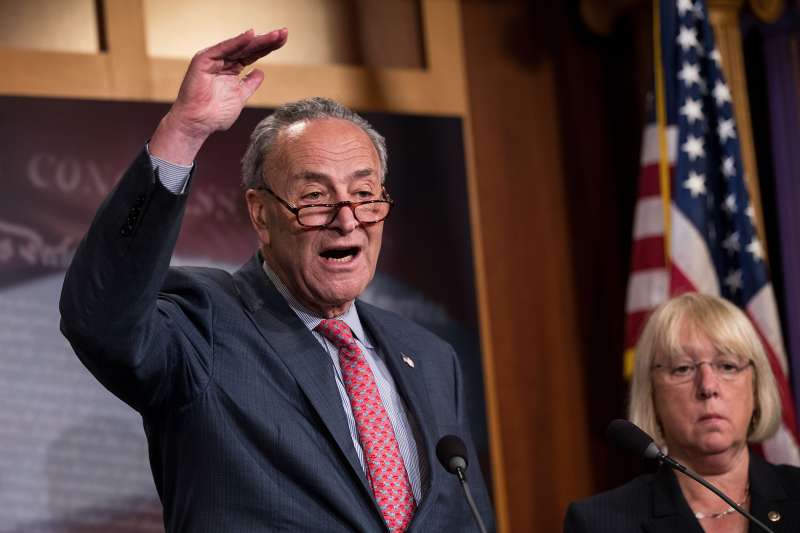 (L to R) Senate Minority Leader Chuck Schumer (D-NY) speaks as Sen. Patty Murray (D-WA) looks on during a press conference about the Senate Republican health care bill, on Capitol Hill, June 26, 2017 in Washington, DC. According to the Congressional Budget Office report released on Monday, the Senate GOP health care bill could result in 22 million fewer Americans with health insurance.