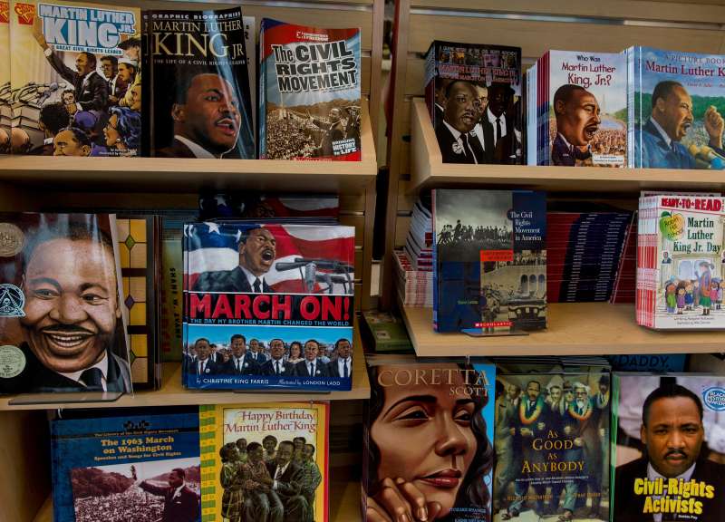 Books line the shelves of the bookstore and gift shop of the Martin Luther King Jr. Memorial on the eve of the National Action Network's rally and march to commemorate the 50th Anniversary of the 1963 March on Washington and the ''I Have a Dream'' speech by the Reverend Martin Luther King, Jr., Washington, D.C., August 23, 2013.