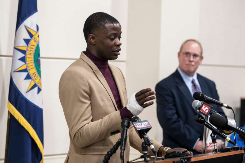 James Shaw Jr., hailed as a hero after he wrestled an assault rifle away from gunman at a Waffle House Restaurant, speaks during a press conference in Nashville, Tennessee, April 22, 2018. Shaw said that he was simply trying to save himself and it worked out well for others. The gunman killed four and injured several others. He escaped and remains on the loose.