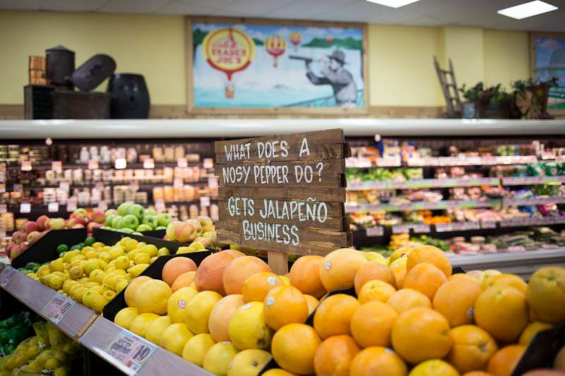 Buffalo, NY - JULY 10, 2015 - Grocery chain, Trader Joe's, is instantly recognizable once inside. Quirky and witty signs are spread throughout the store, enticing customers, in Buffalo, NY. JULY 10, 2015. Melissa Renwick/Toronto Star (Melissa Renwick/Toronto Star via Getty Images)