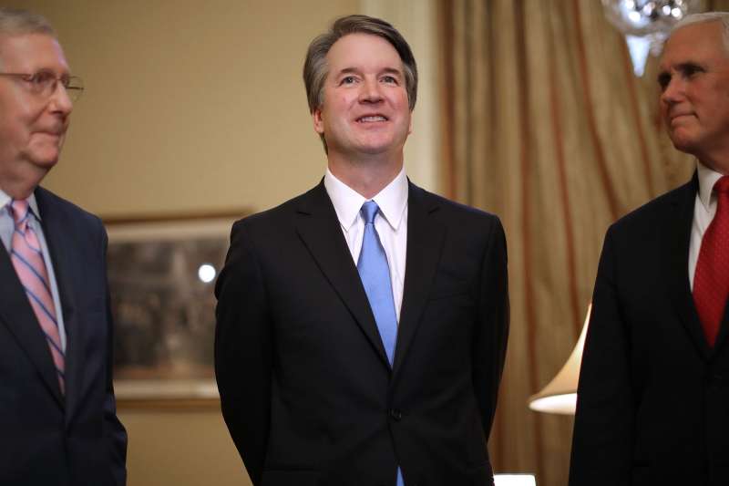 (L-R) Senate Majority Leader Mitch McConnell (R-KY), Judge Brett Kavanaugh and Vice President Mike Pence pose for photographs before a meeting in McConnell's office in the U.S. Capitol July 10, 2018 in Washington, DC. U.S. President Donald Trump nominated Kavanaugh to succeed retiring Supreme Court Associate Justice Anthony Kennedy.