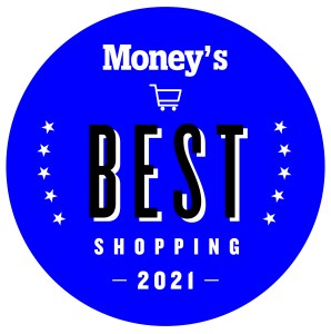 Money's Best Shopping Badge 2021 in blue, shopping cart in the circle with stars left and right.