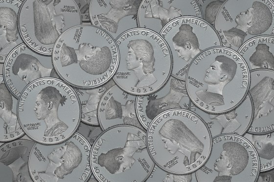 Multiple 2022 United States of America Coins stacked on top of each-other with different faces of people of different race and gender.