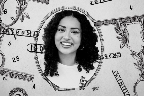 Portrait of Giovanna Gonzalez with elements of a dollar bill dispersed in the background