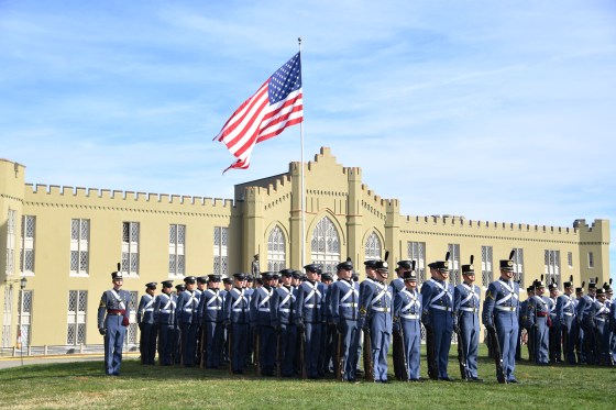 Students in military uniform form in line at The Virginia Military Institute