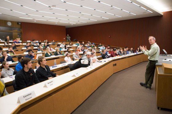 A classroom full of students listen attentively at a professor at Princeton University