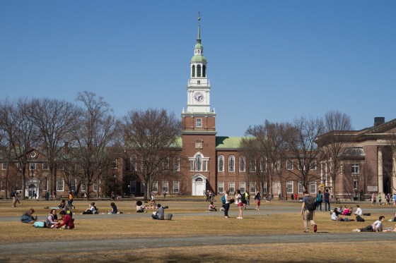 Students on the Dartmouth College campus outside.