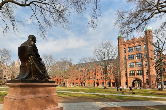 Theodore Dwight Woolsey statue and Phelps Hall on campus of Yale University