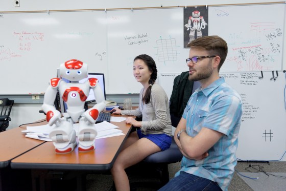 Two students in a robotics class at Harvey Mudd College