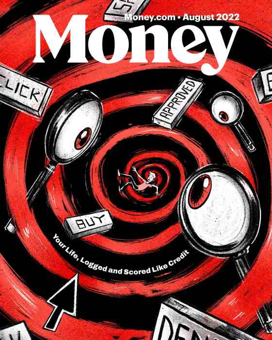 Illustration of a person falling through an endless spiral while many prying eyes look and scrutinize their every financial move.