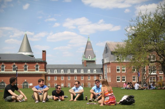 Students sitting in the lawn at the College of the Holy Cross campus